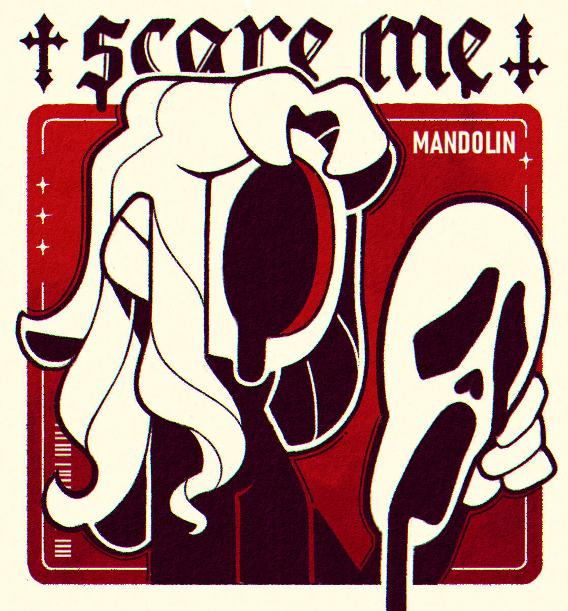 A stylized, red and black portrait illustration of a person holding a scream mask. The person has no face.