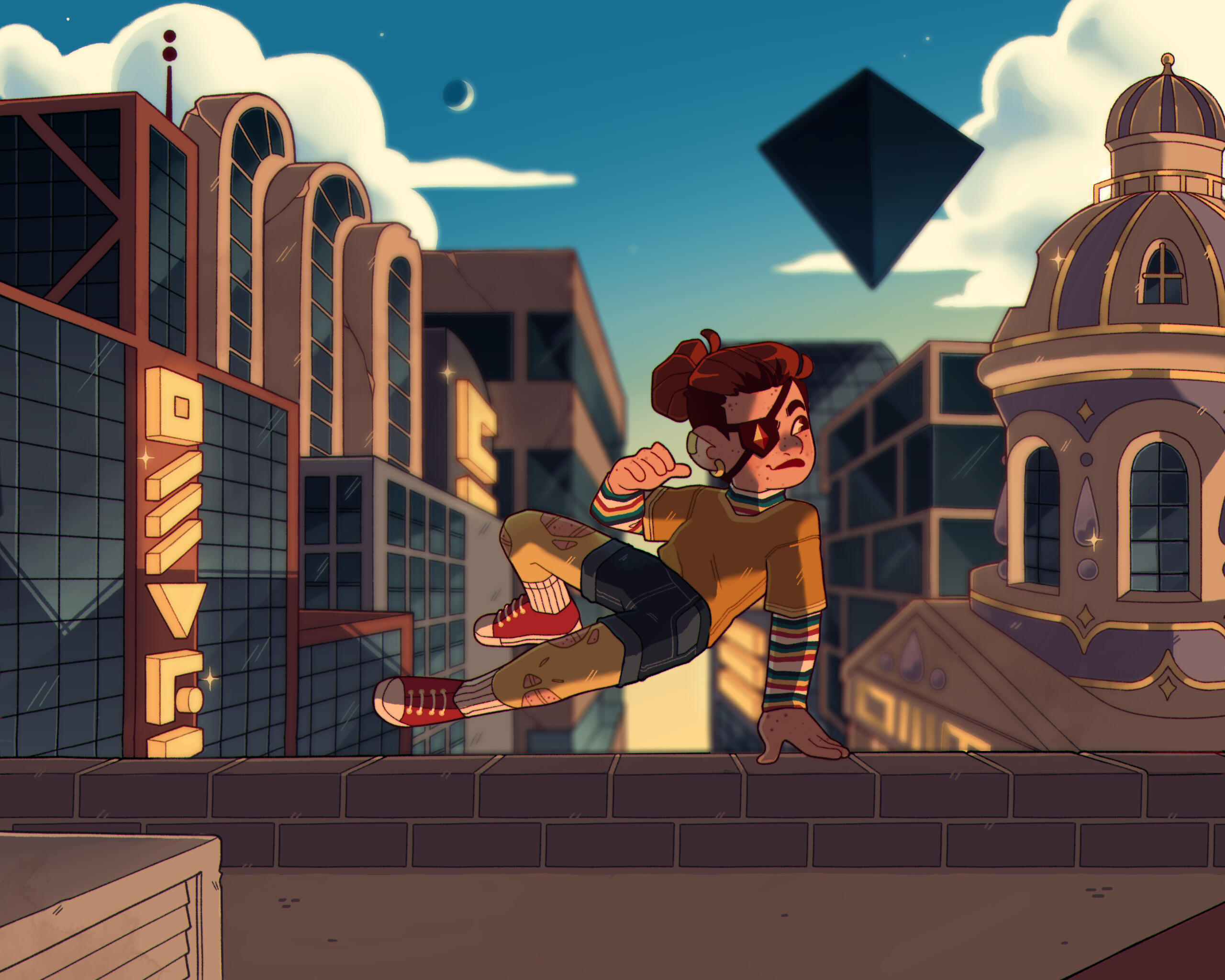 An illustration of a young woman vaulting over the top of a building in late afternoon lighting.