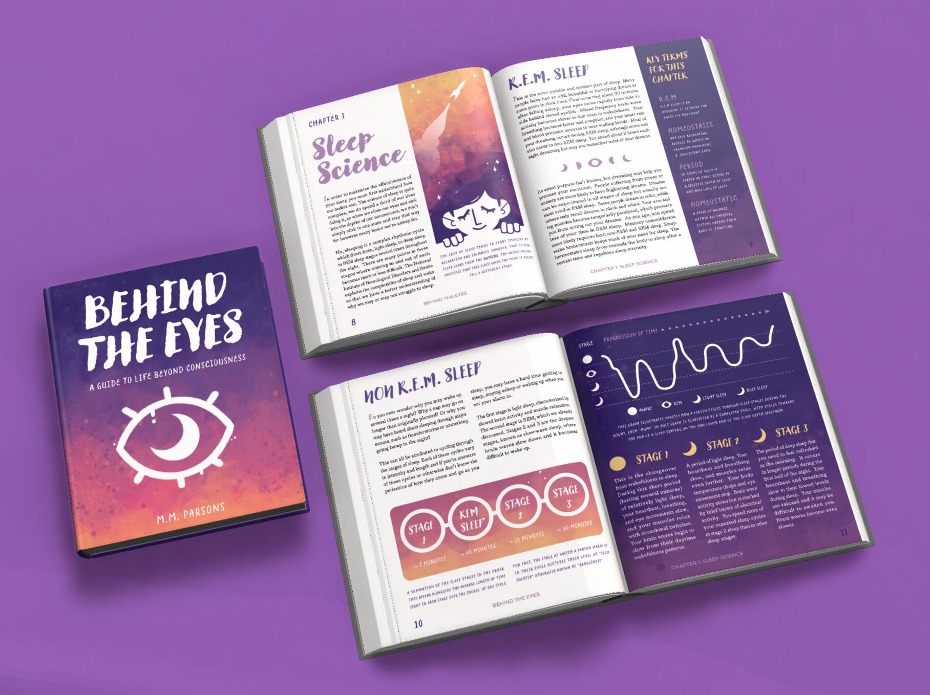 A mock-up for the book "Behind the Eyes", which features the vibrant front cover that possesses an open eye in the center with the title displayed above. It also features the two inner spreads of the book.