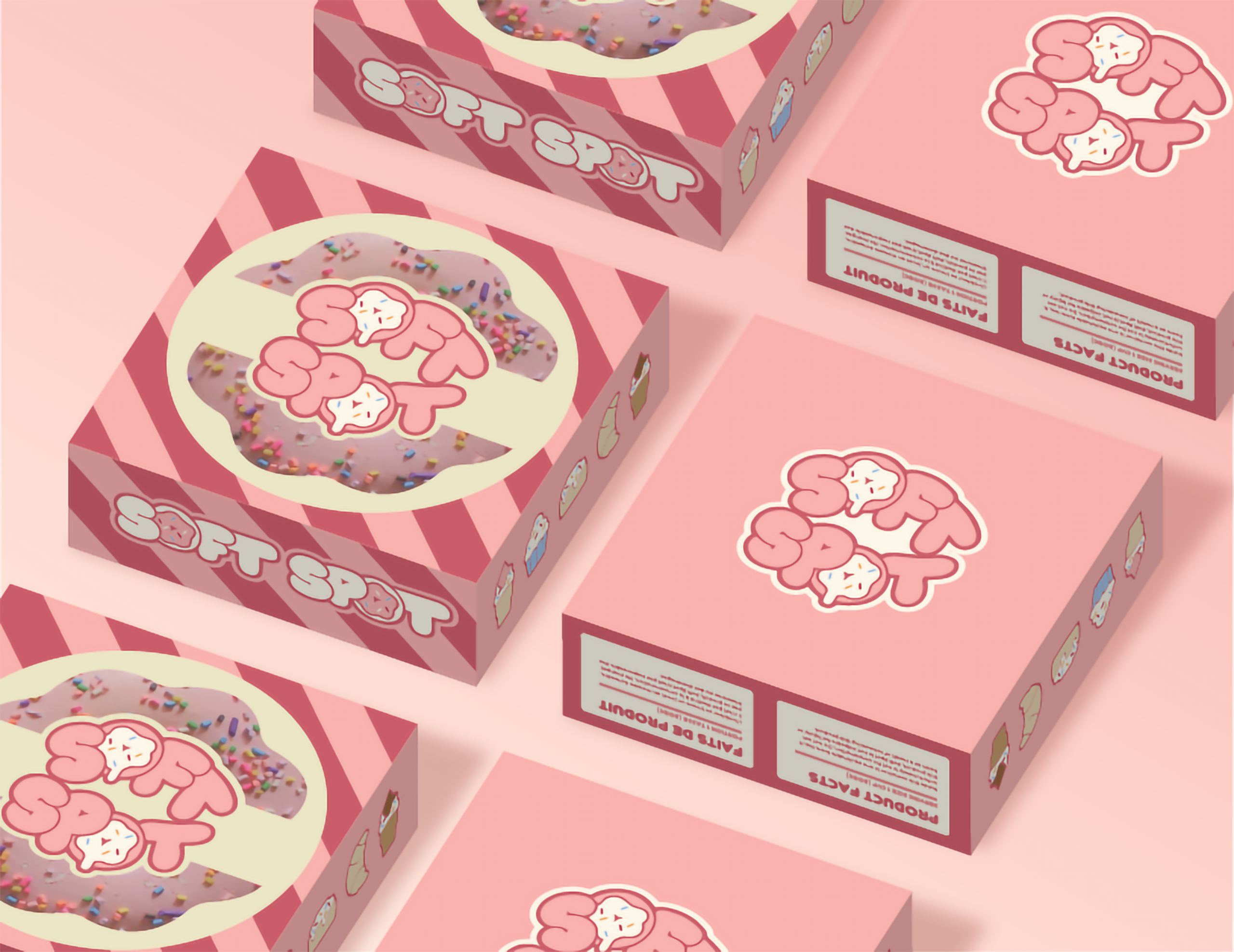 Mock-ups of a doughnut box design on a light pink backdrop the boxes are positioned to show off all six sides of the design.