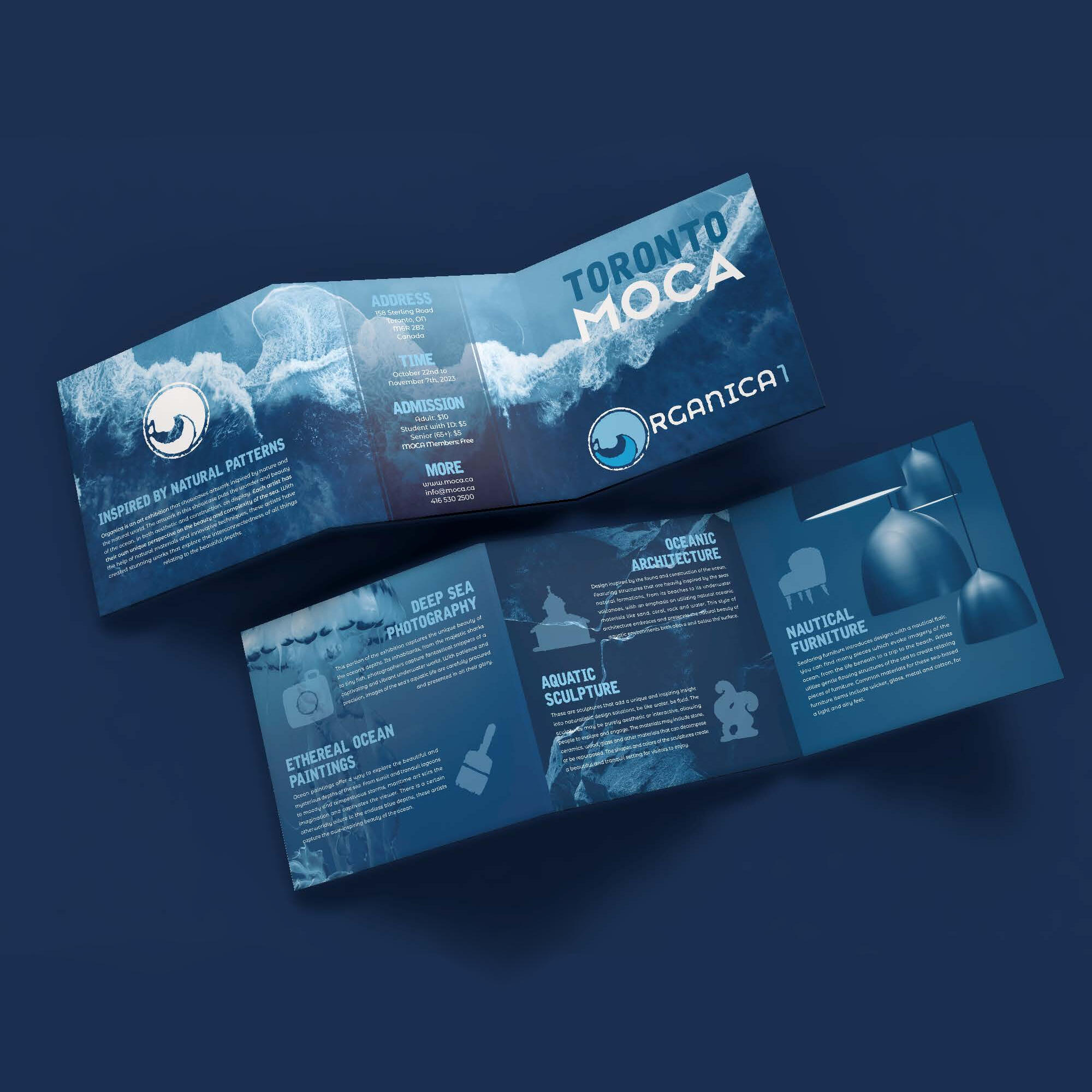 A mock-up which displays both sides of the final Organica 1 brochure is placed on a deep navvy blue background.
