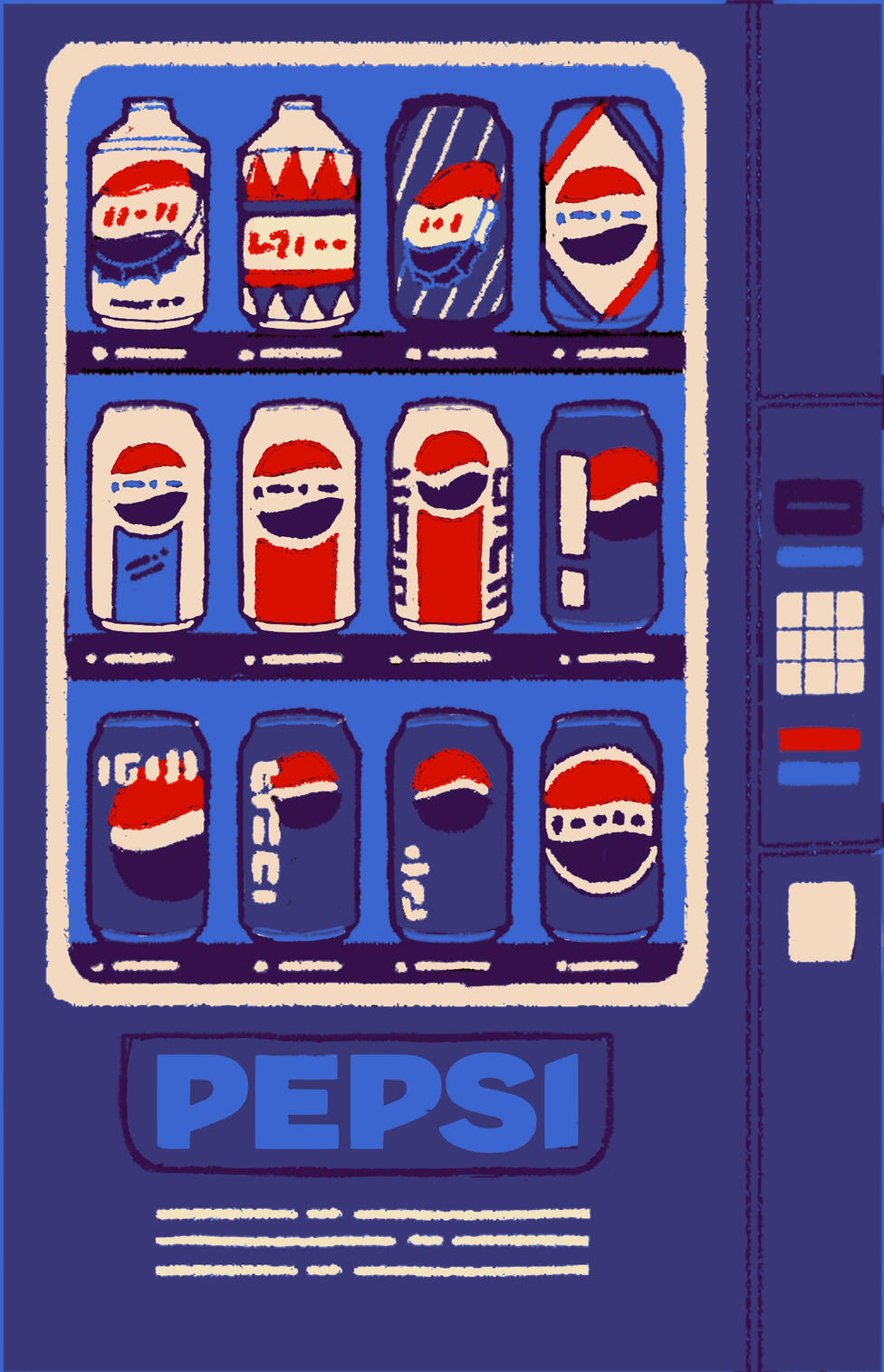 A digitial, coloured illustration, of twelve pepsi cans displayed inside a vending machine.