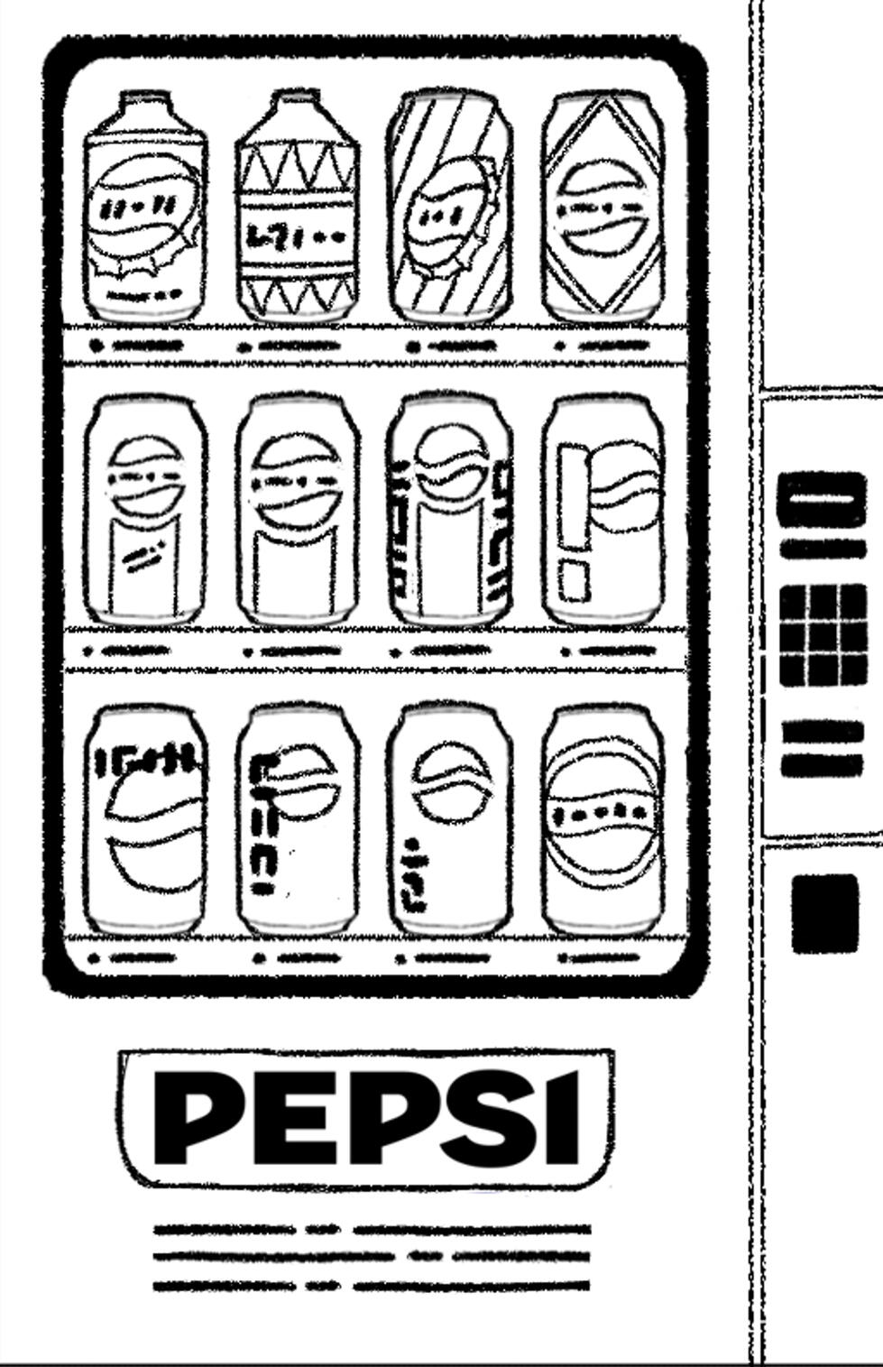 A digitial, black and white illustration, of twelve pepsi cans displayed inside a vending machine.
