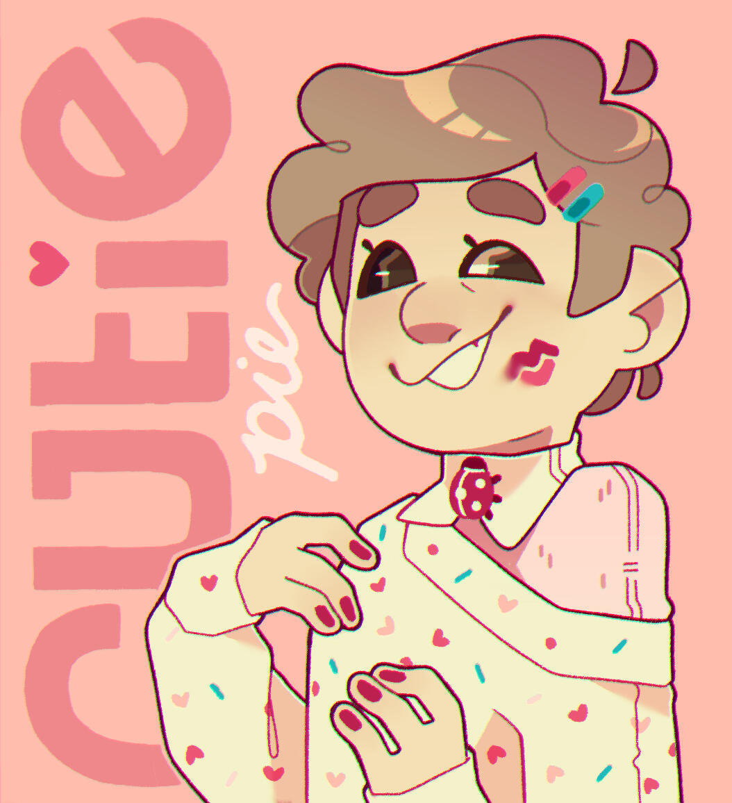 An illustrative portrait of a girl wearing a sweater with sprinkles on it. "Cutie Pie" is seen written to the left of the portrait.