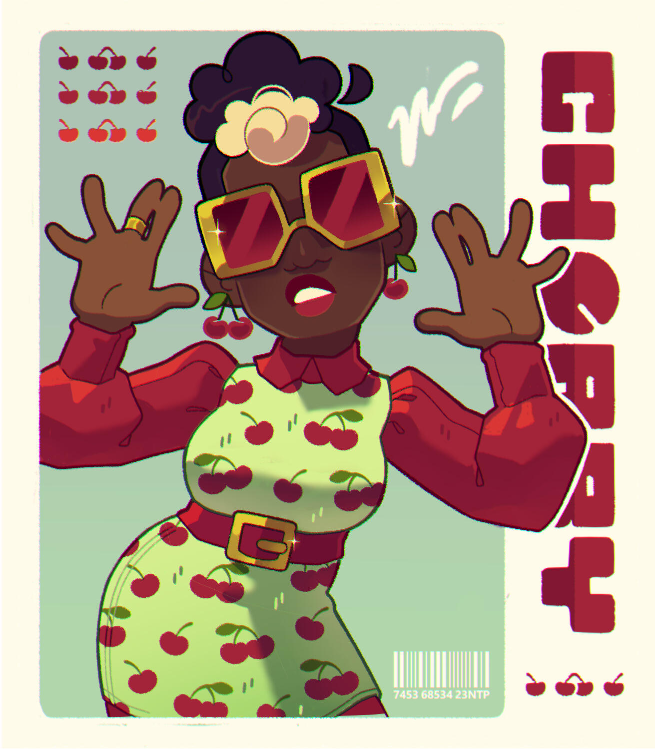 An illustration of a woman with large red sunglasses poses in a 1960 styled lime green, cherry patterned, dress with matching cherry earrings.