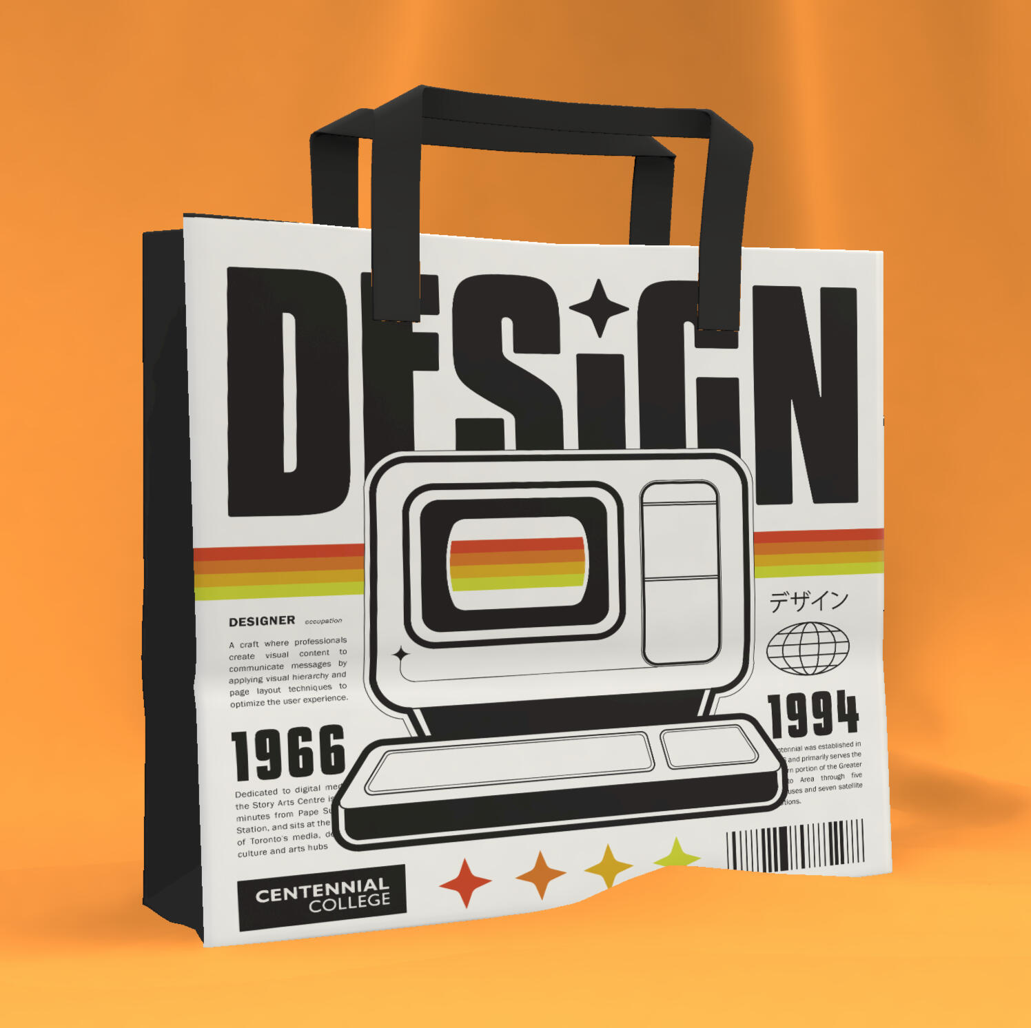 A mock-up of a Graphic Design related tote-bag, which is placed in front of an orange cloth backdrop.