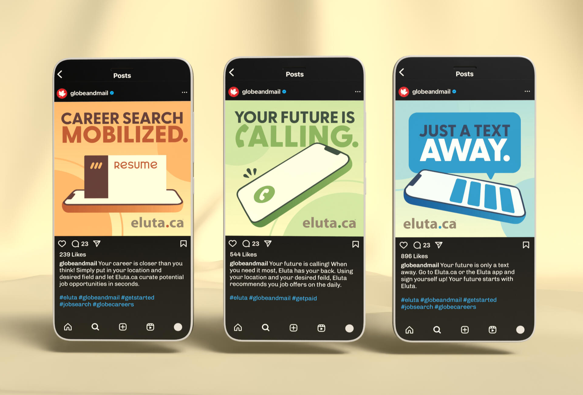 Three phone screens, each displaying one of the three ads from the Eluta ad campaign.