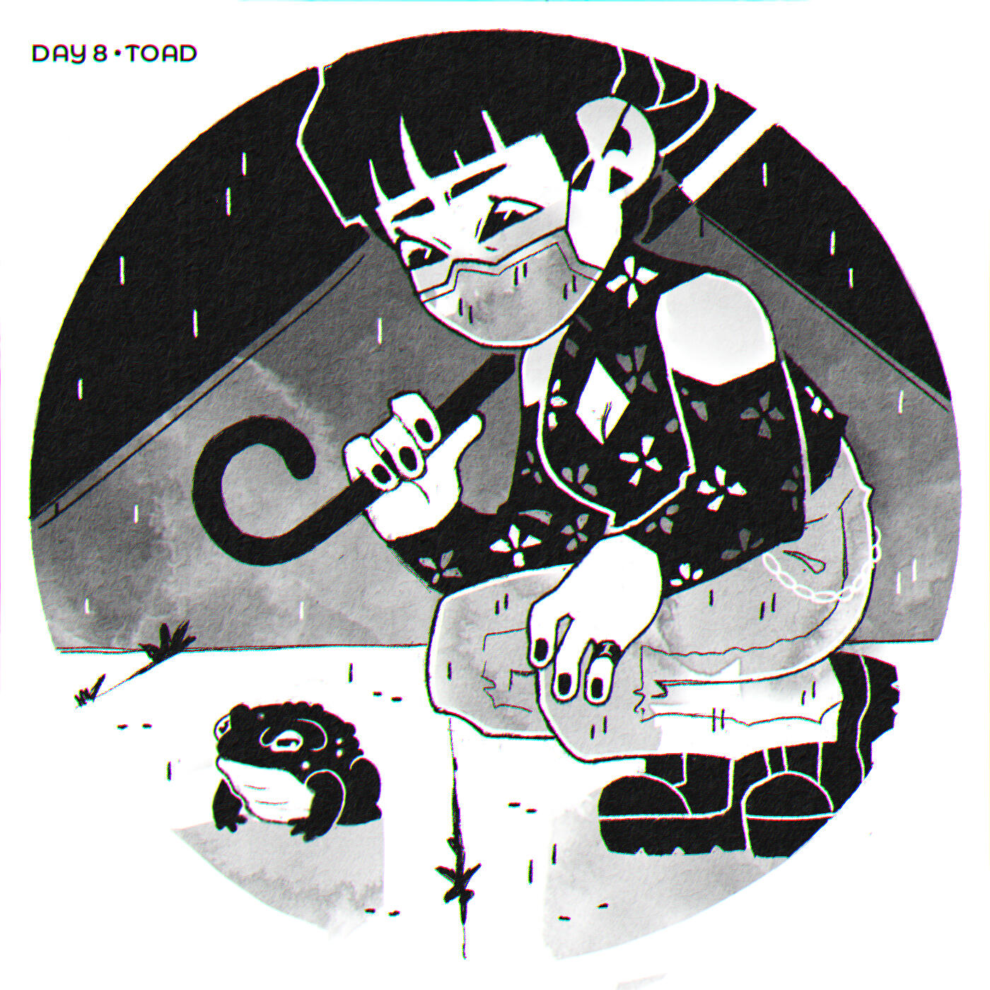 An inktober illustration of a woman happily crouching down to look at a toad in the rain.