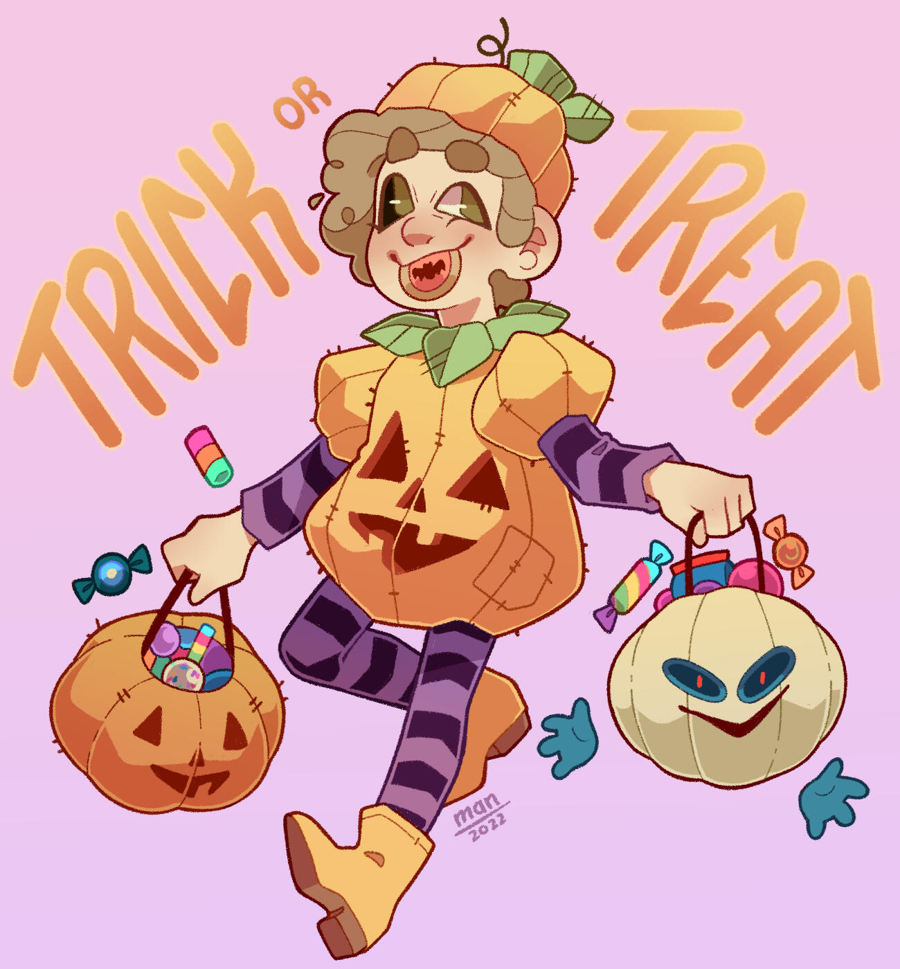 A young girl in a pumpkin costume trick or treating with two buckets full of candy.