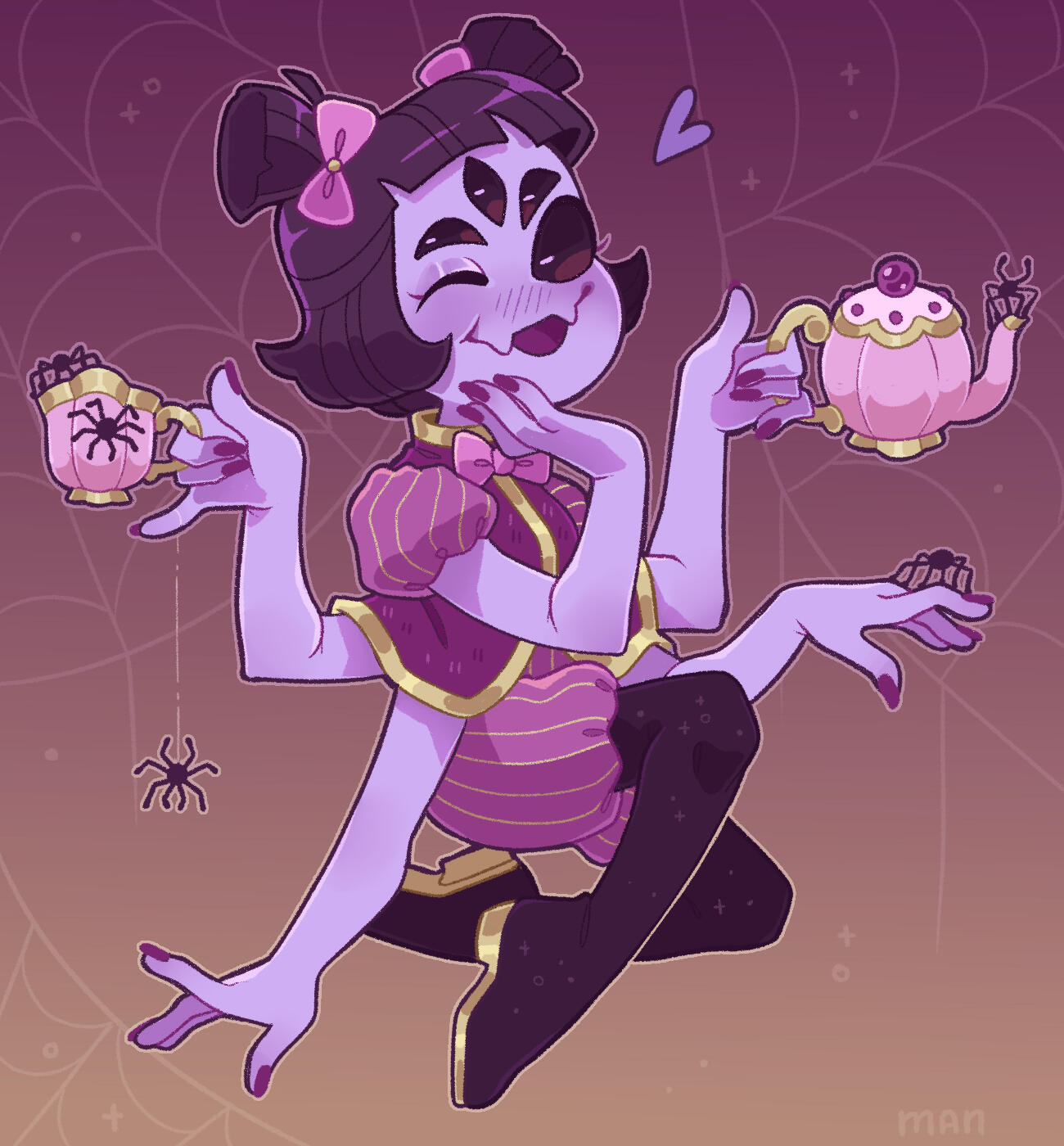 An illustration of Muffet from Undertale, holding a teapot and teacup with spiders happily playing and dancing on top of her.