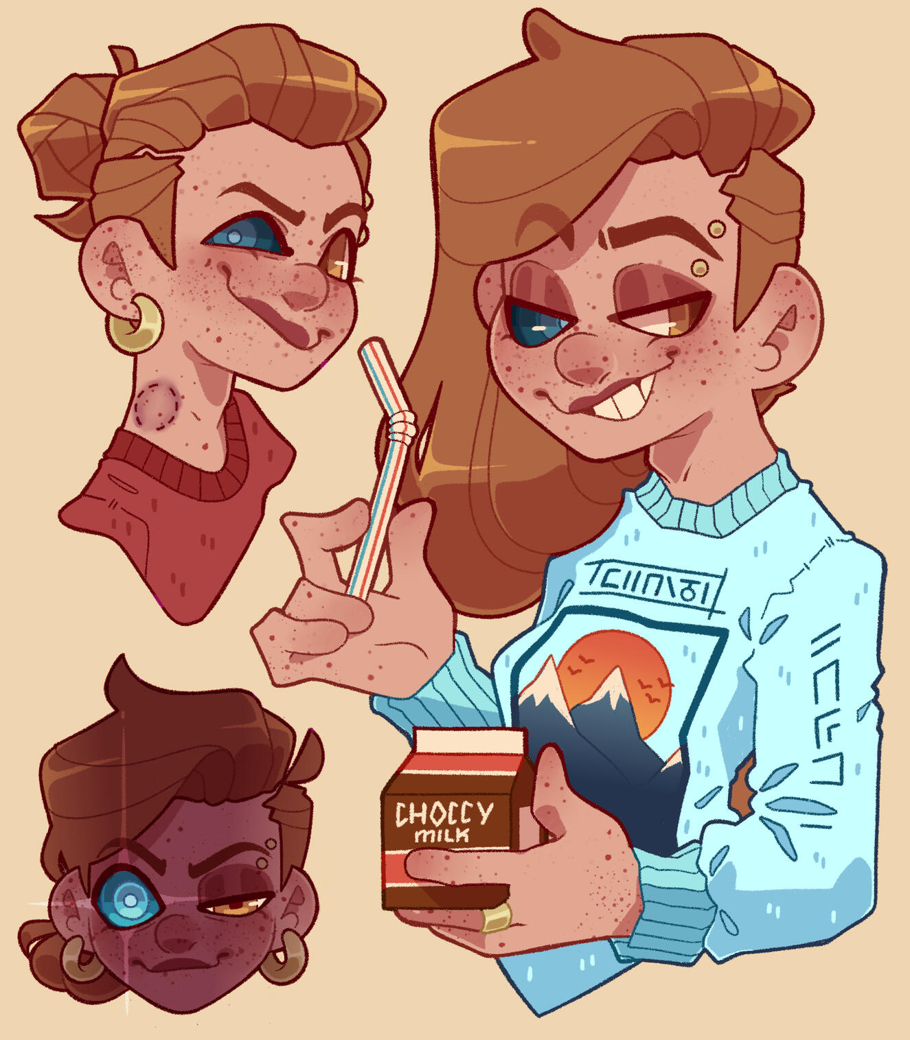 Several illustrations of an original character named Calor