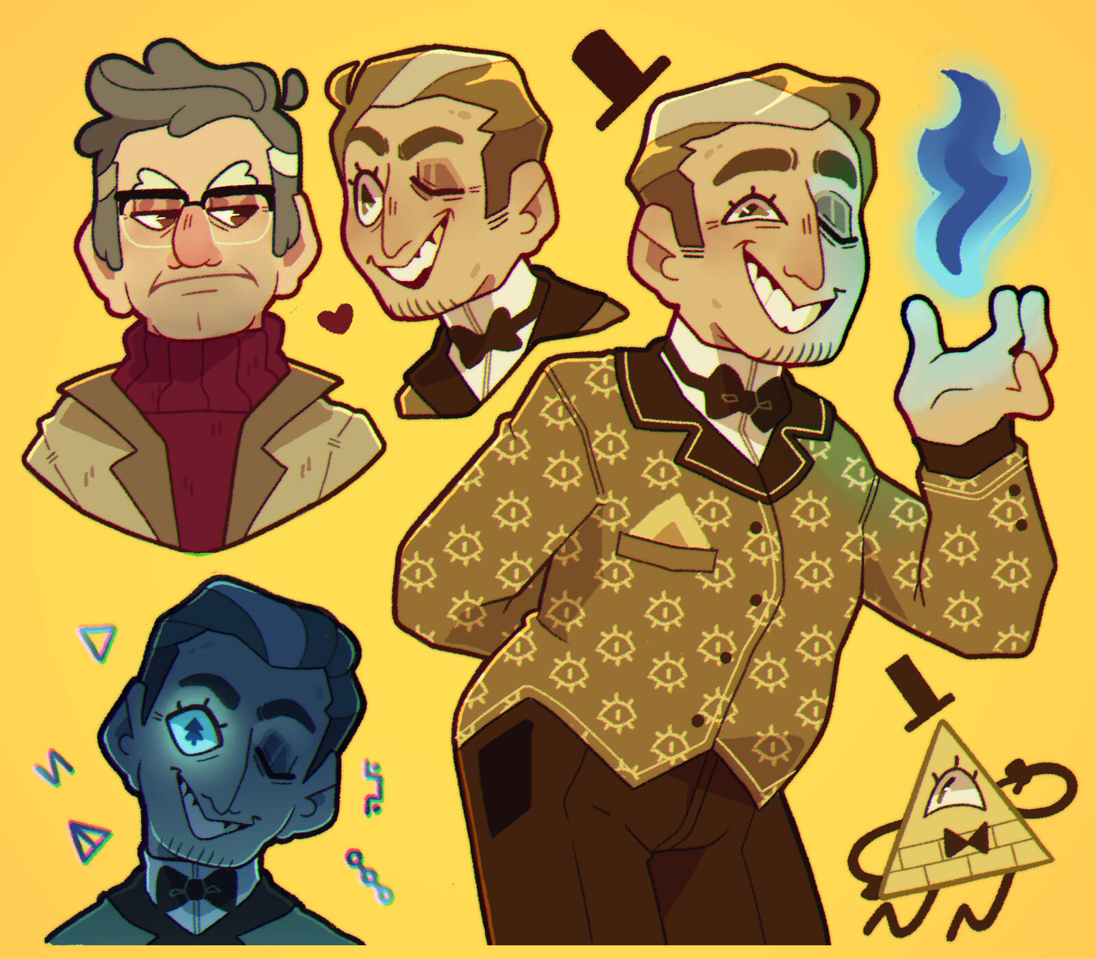 Several illustrations of a humanized Bill Cipher from the show Gravity Falls