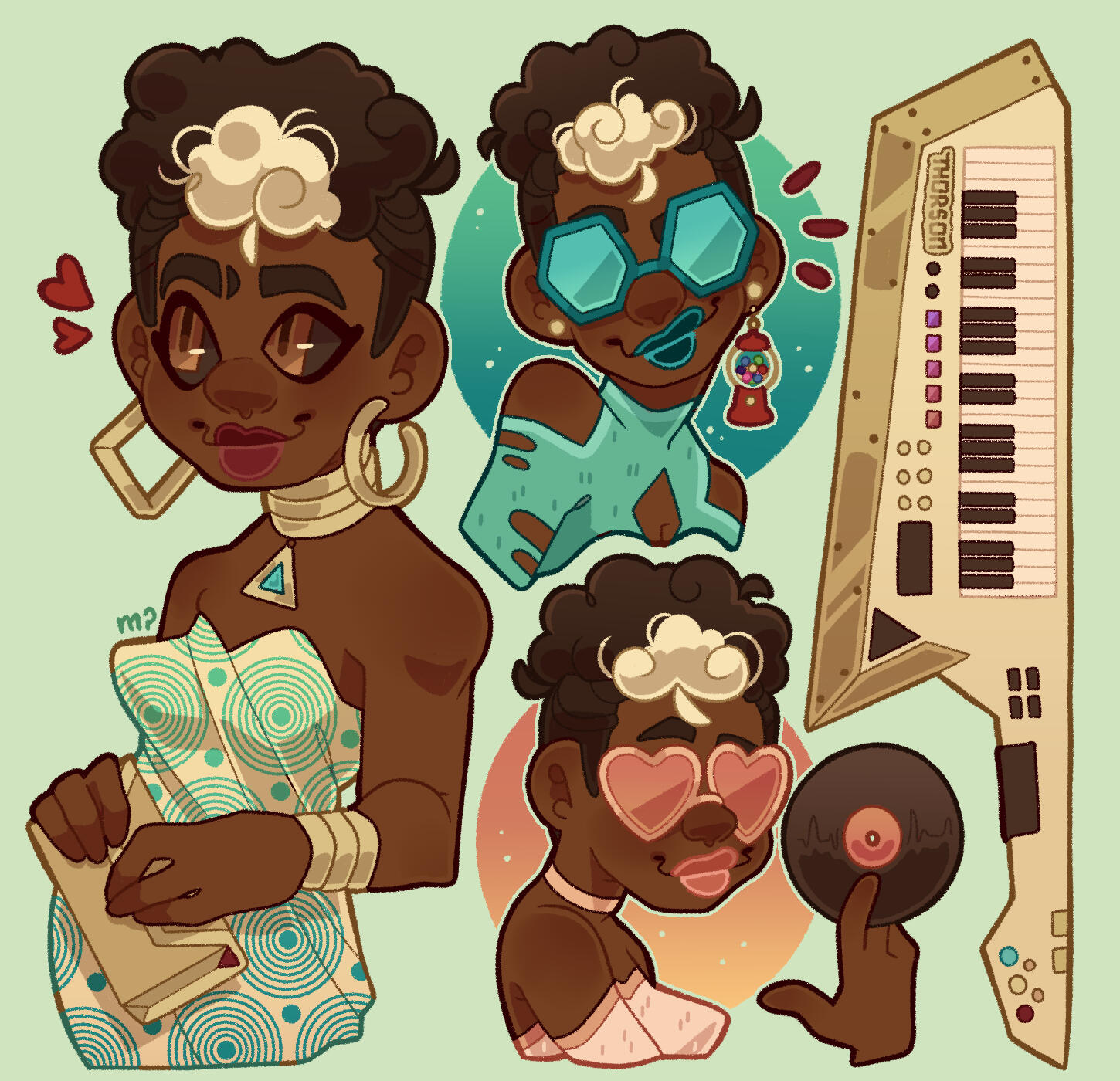 Several illustrations of an original character named Lyse alongside an illustration of her keytar.