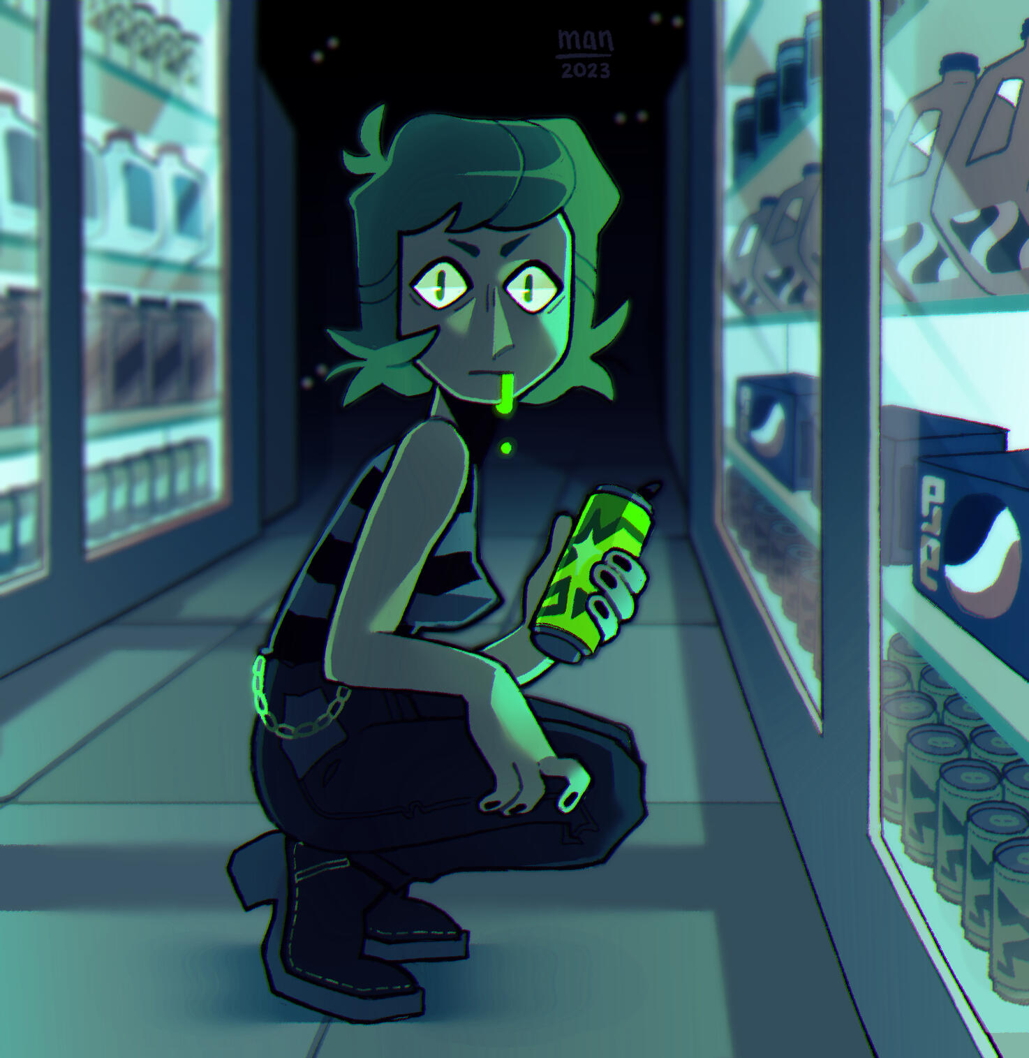 An illustration of a woman crouched in front of the soda section in a store, that has been closed for the night, stares directly at the camera. A can of bright green cola is in her hand with a small amount dripping from her mouth.