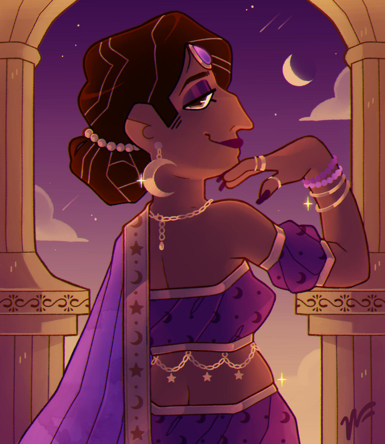 A woman stands on a sculpted, Grecian styled balcony during dusk. The woman lovingly stares at the viewer, elegantly resting her chin on her hand.