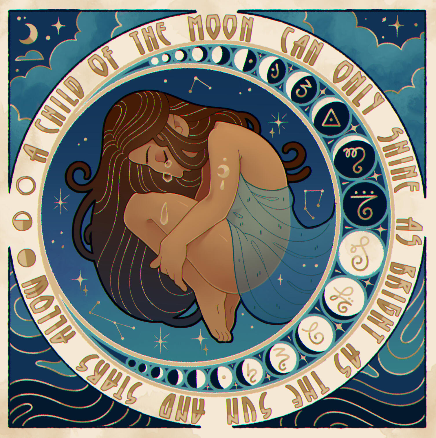An art nouveau inspired illustration of a woman curled into the fetal position inside of a crescent moon with the words "A child of the moon can only shine as bright as the sun and stars allow".