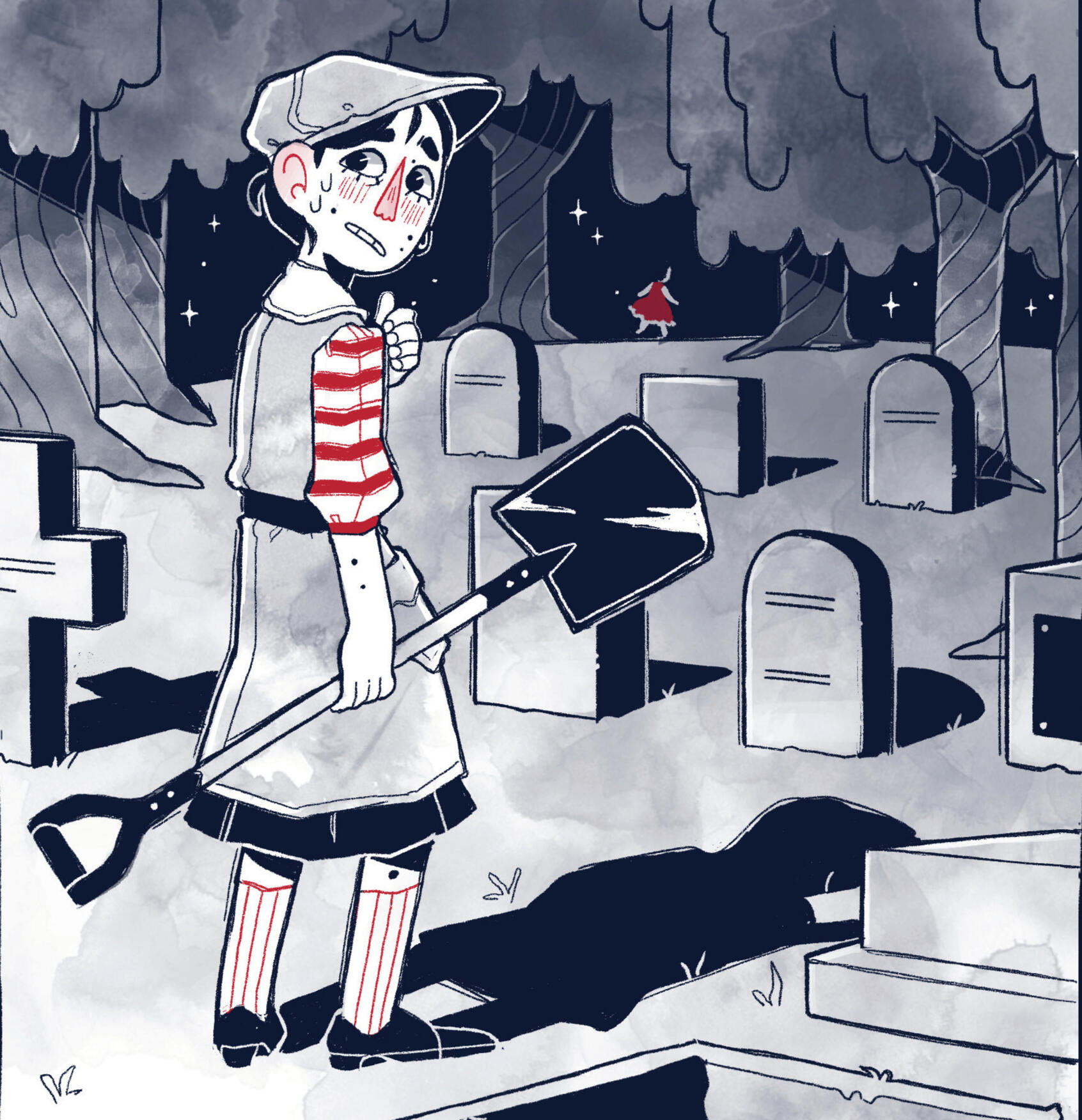 An illustration of two identical people staring at eachother through a broken mirror in low lighting.