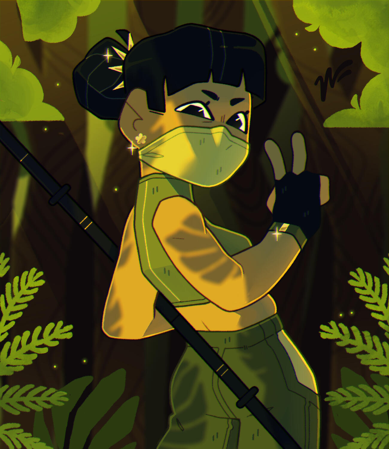 An illustration of a person posing amongst foliage and greenery.