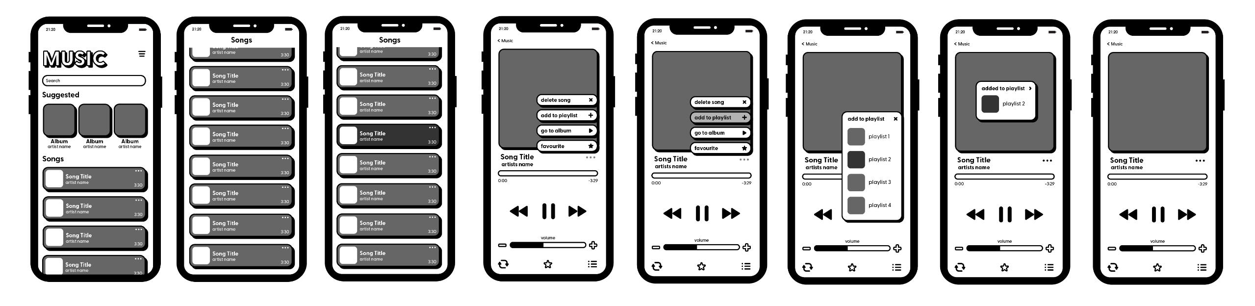 A series of phone screens showcasing the story boards of a UI animation for a music app