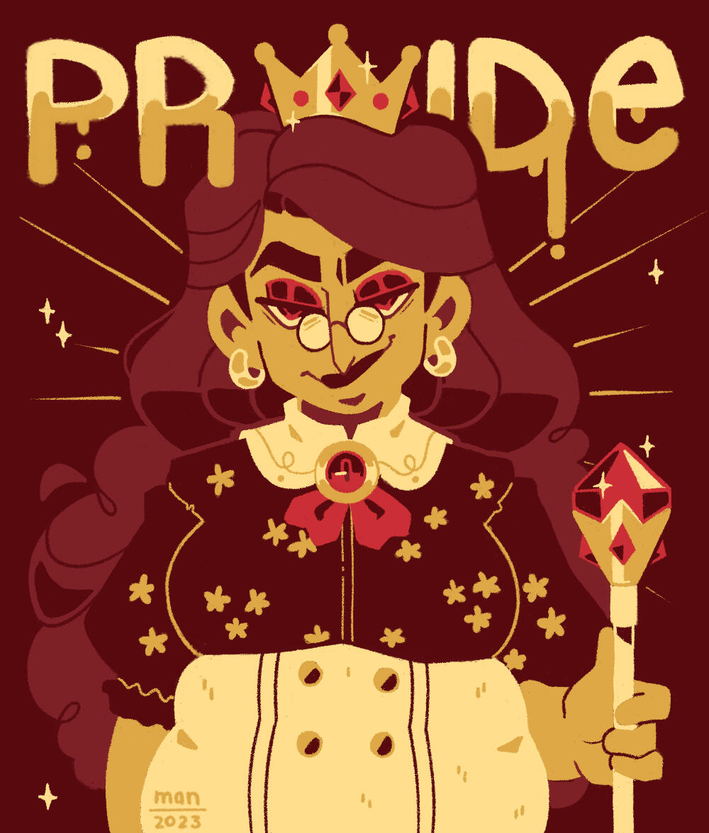 An illustration of a woman with large curly hair and crown stands confidently with a scepter in her left hand. The phrase "Pride" is written in gold and displayed behind the top of her head.