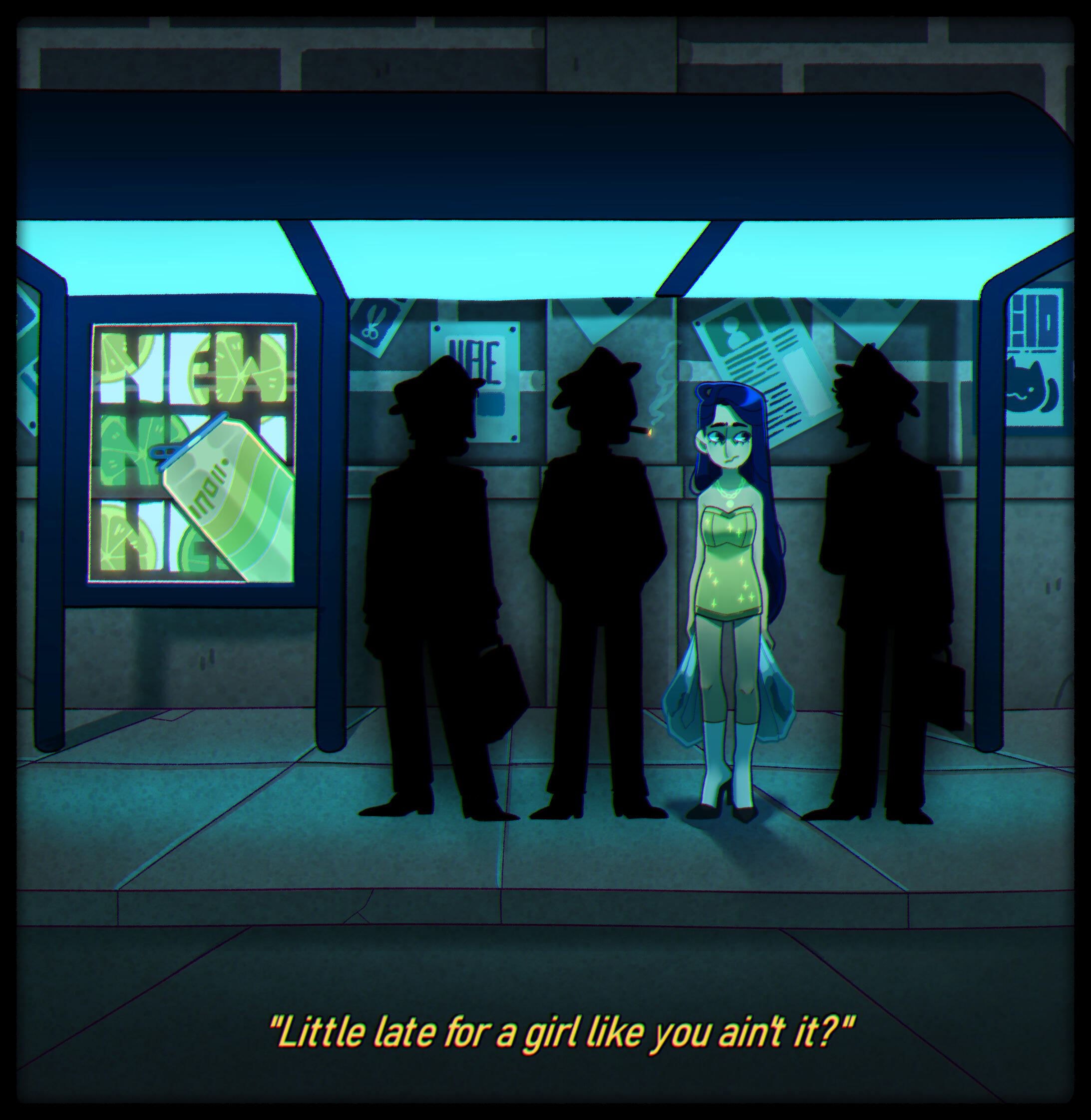 An illustration of a young, slender woman stands at a bus stop late at night with four shadowy figures standing beside her, one asks "Little late for a girl like you ain't it?"