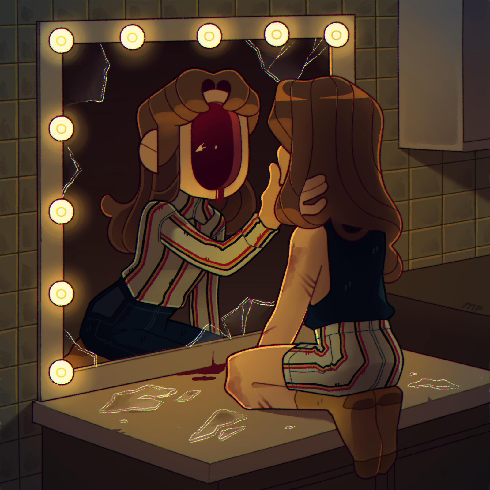 An illustration of two identical people staring at eachother through a broken mirror in low lighting.