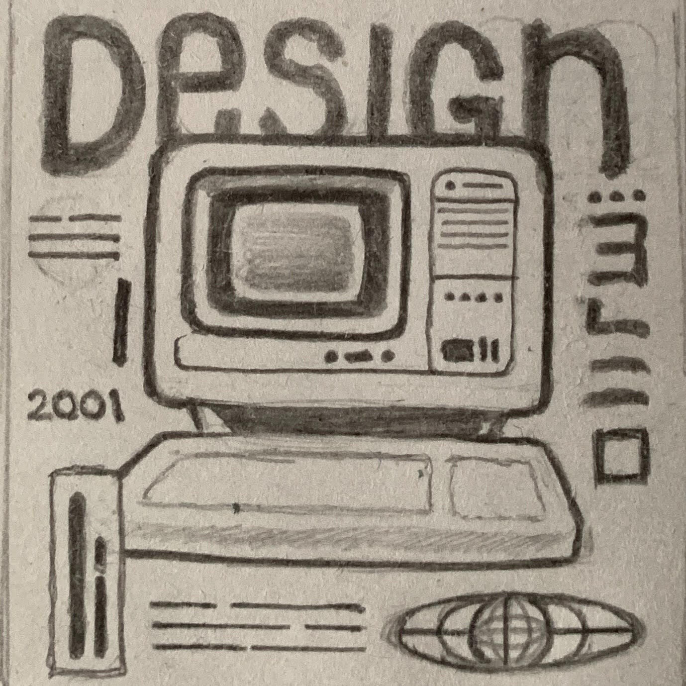 A traditional pencil sketch of a computer with various graphical elements behind and around it.