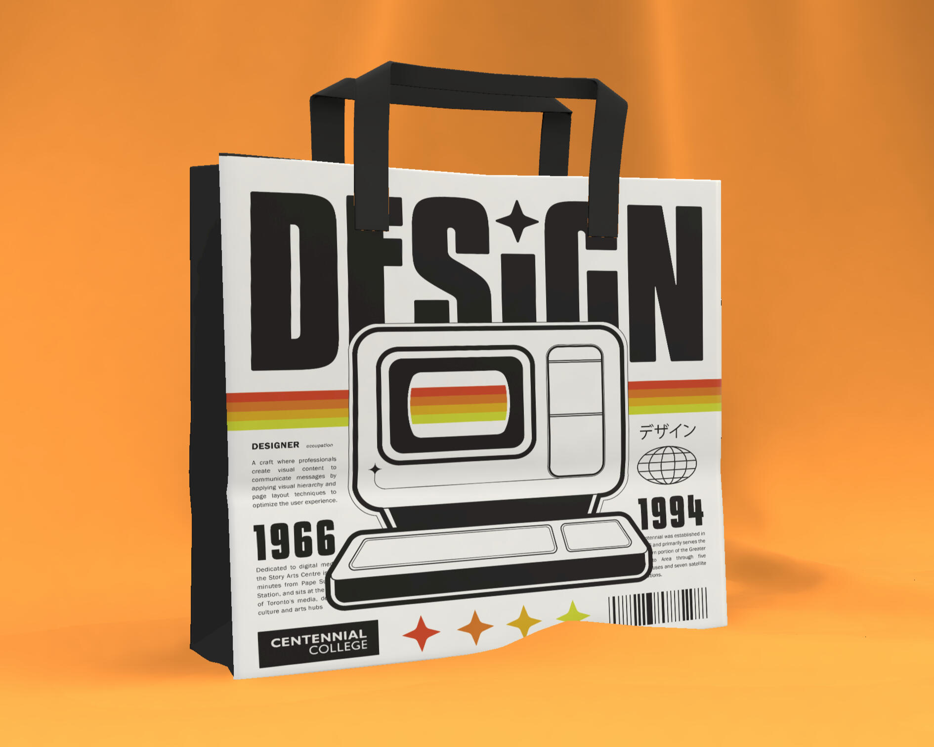 A mock-up of a Graphic Design related tote-bag, which is placed in front of an orange cloth backdrop.