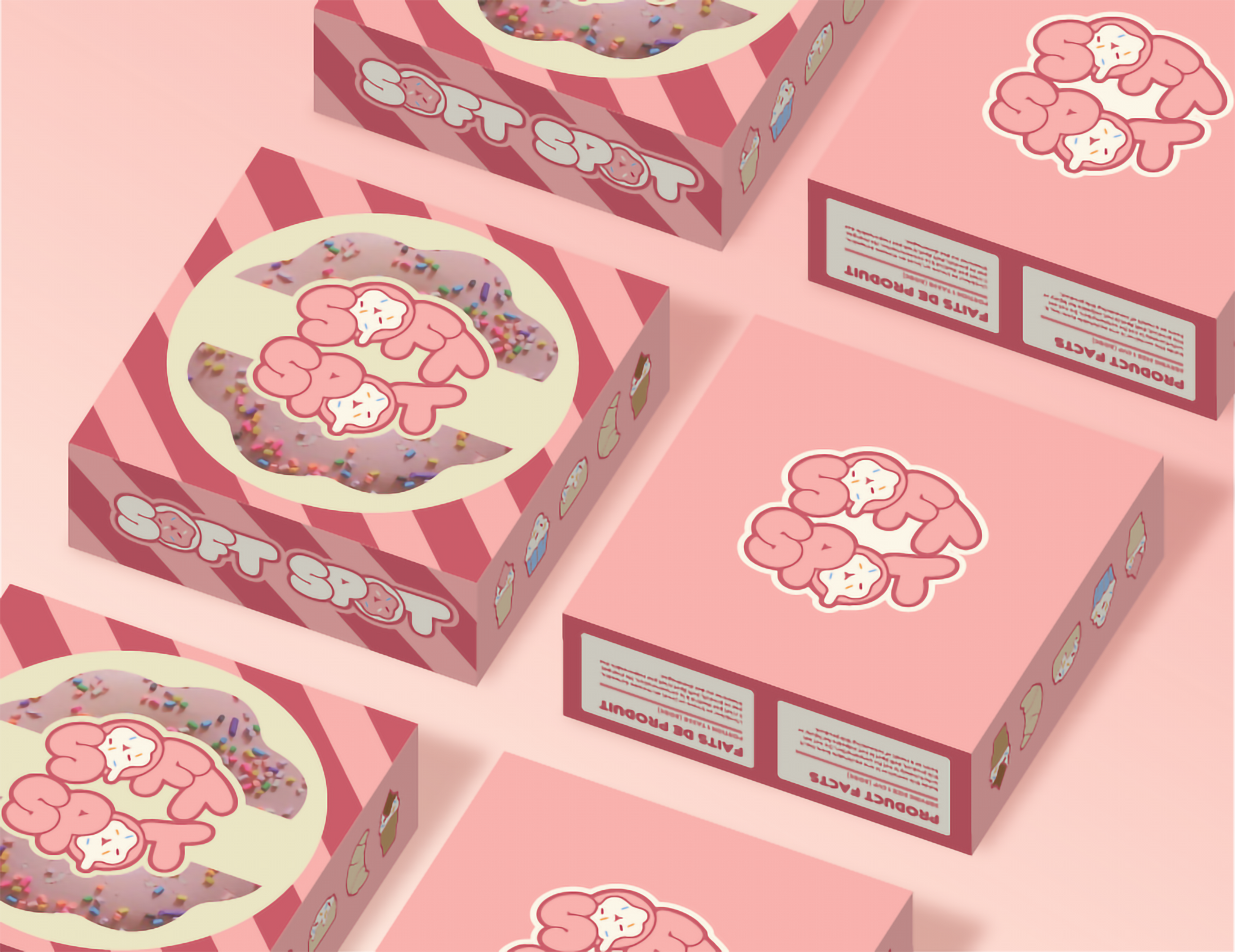 Mock-ups of a doughnut box design on a light pink backdrop the boxes are positioned to show off all six sides of the design.