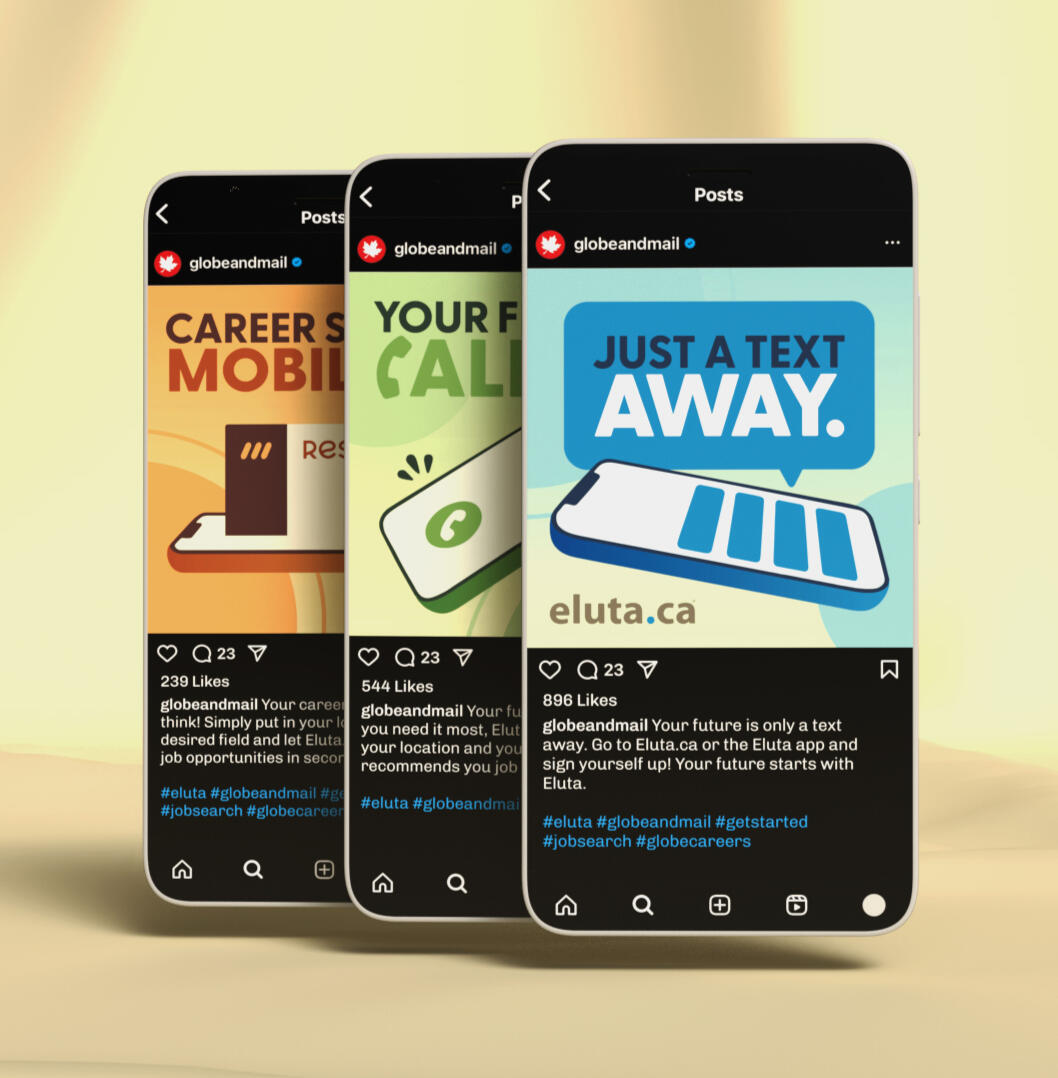 A digital mock-up of three phone screens, each with a different post from a fictional ad campaign